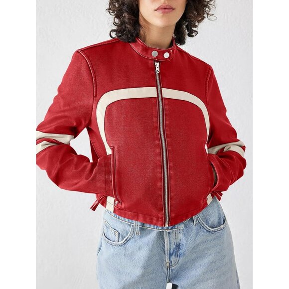Women Red Faux Leather Zip Up Cropped Jacket Stand Collar Moto Coat - Picture 3 of 5